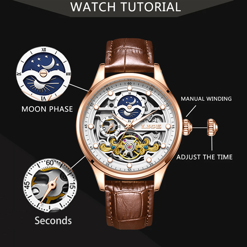 LIGE Retro Business Skeleton M - огляд і ціна Luxury Watch Leather