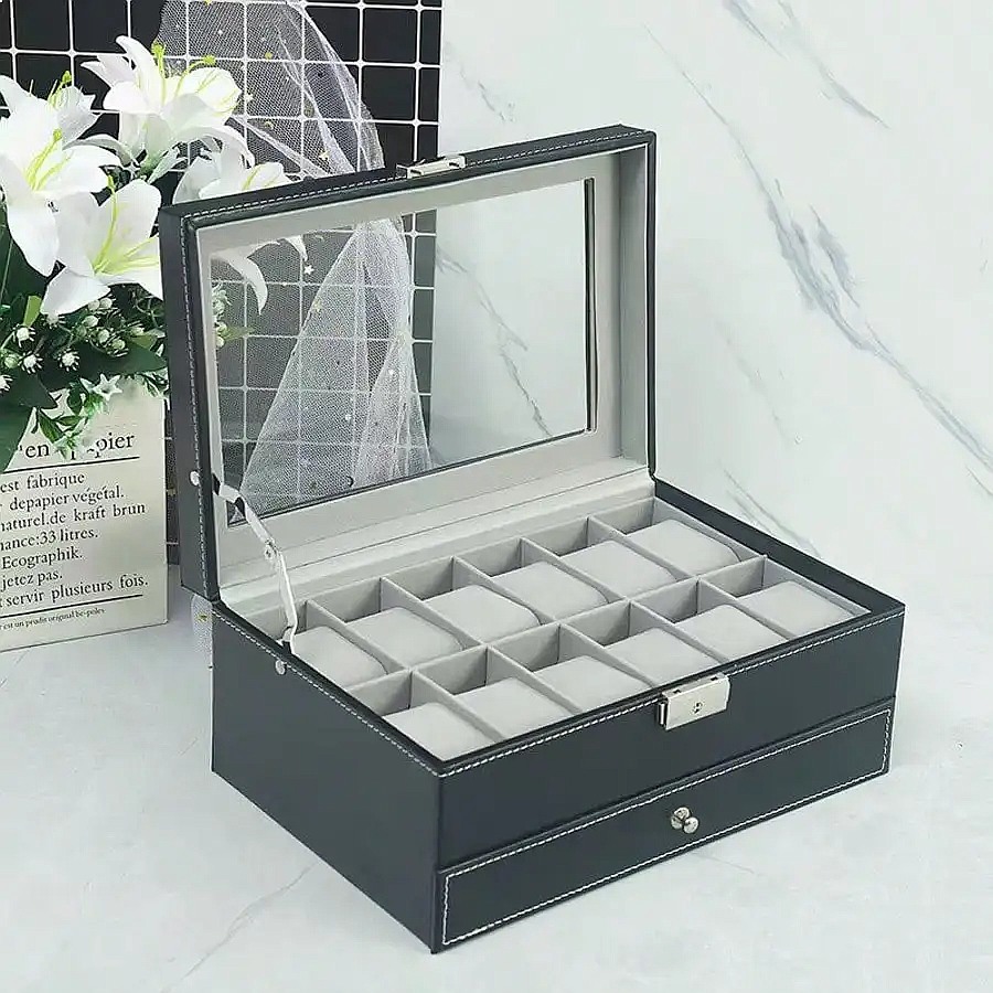 12-Slot Watch Box with Drawer, - огляд і ціна Luxury Watch Leather